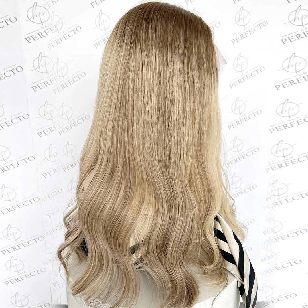 Lace Top Human Hair Ash Blonde Wigs With Dark Roots - Elena