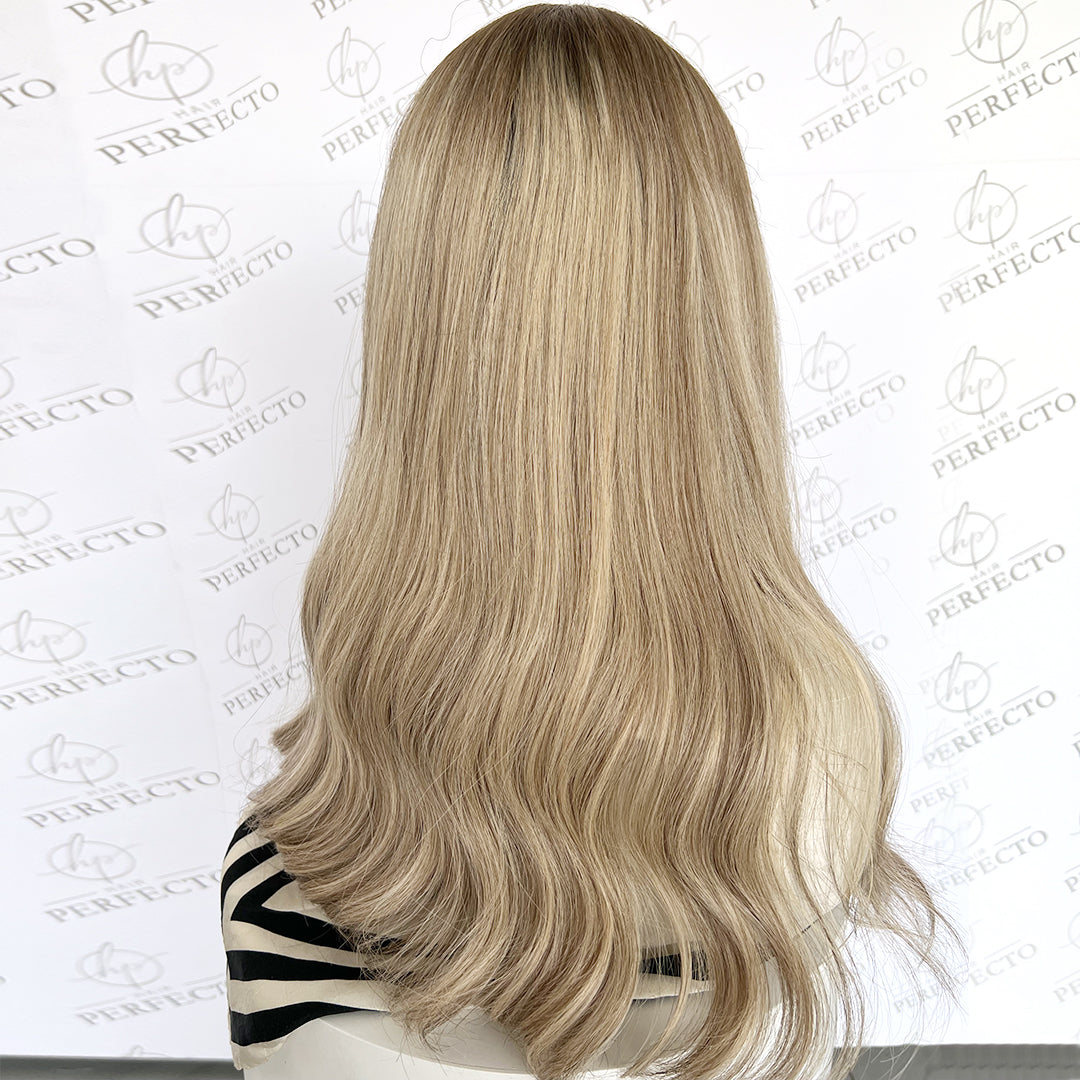 Lace Top Human Hair Ash Blonde Wigs With Dark Roots - Elena