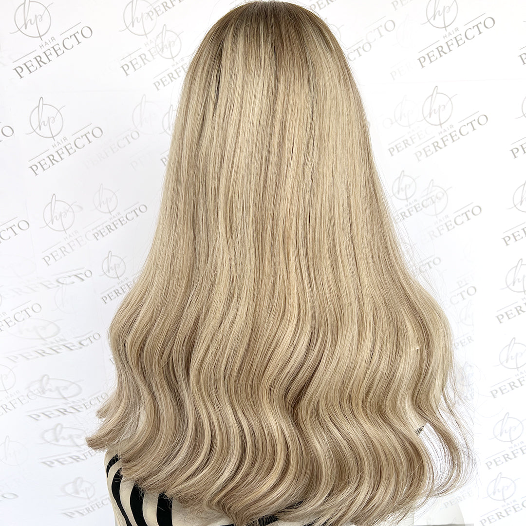 Lace Top Human Hair Ash Blonde Wigs With Dark Roots - Elena