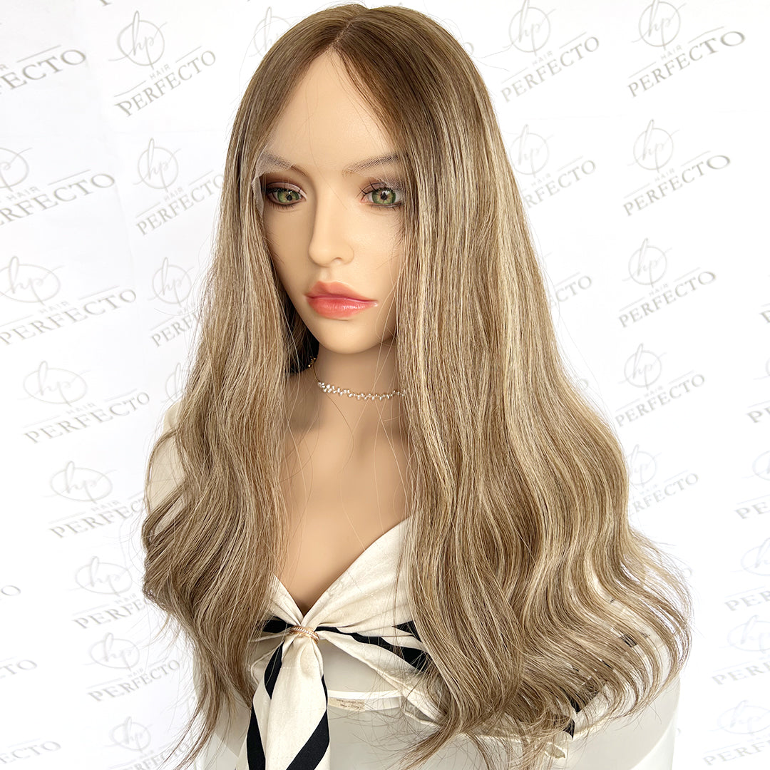 Luxury Top Lace Wig Dark Roots Blonde Money Piece Human Hair Wigs - Divine
