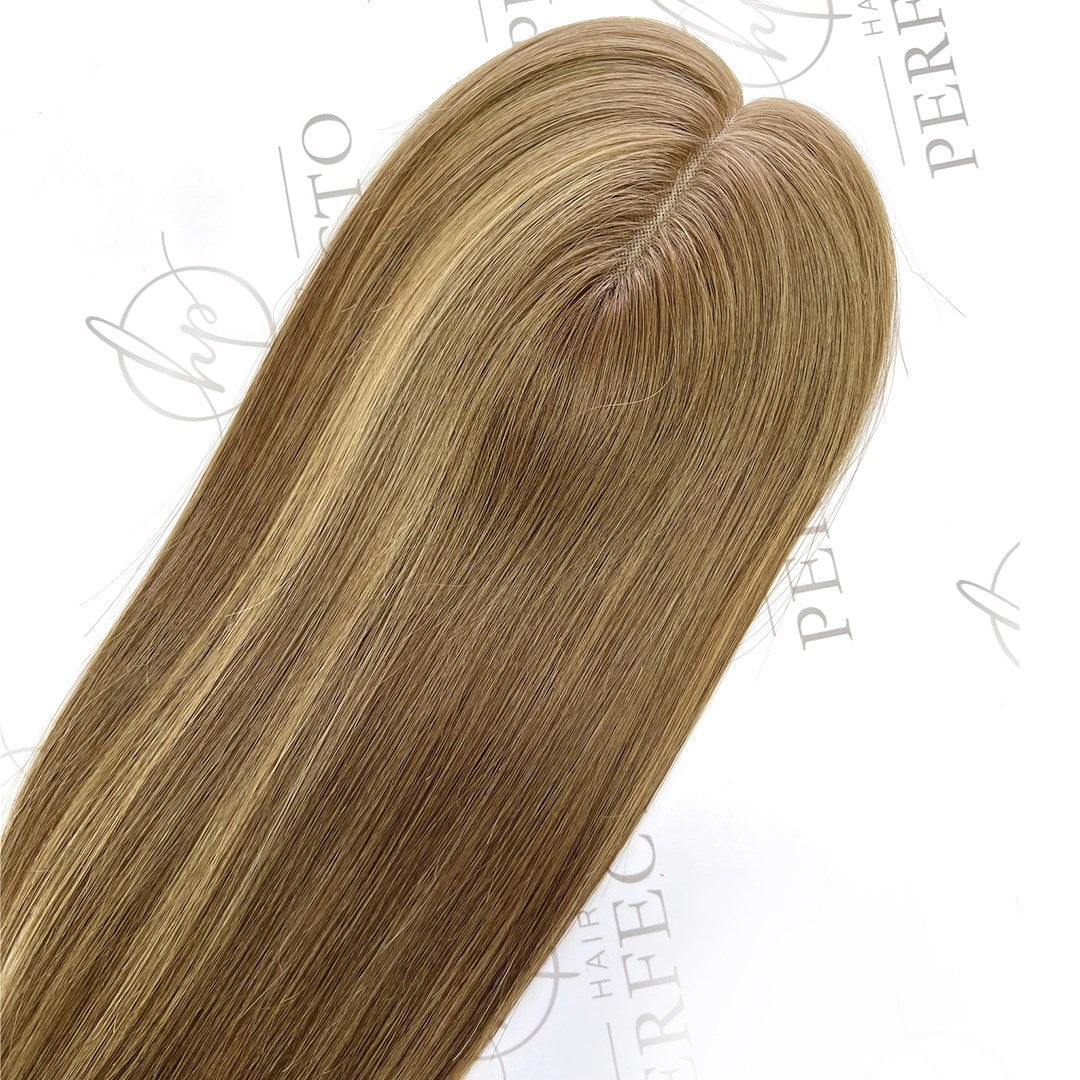 Human Hairpieces For Crown Hairloss 3x5 Brown With Blonde Highlight Hair Toppers