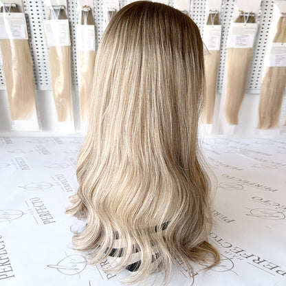 Lace Top Wig Virgin Human Hair Platinum Ash Blonde Wigs With Dark Roots