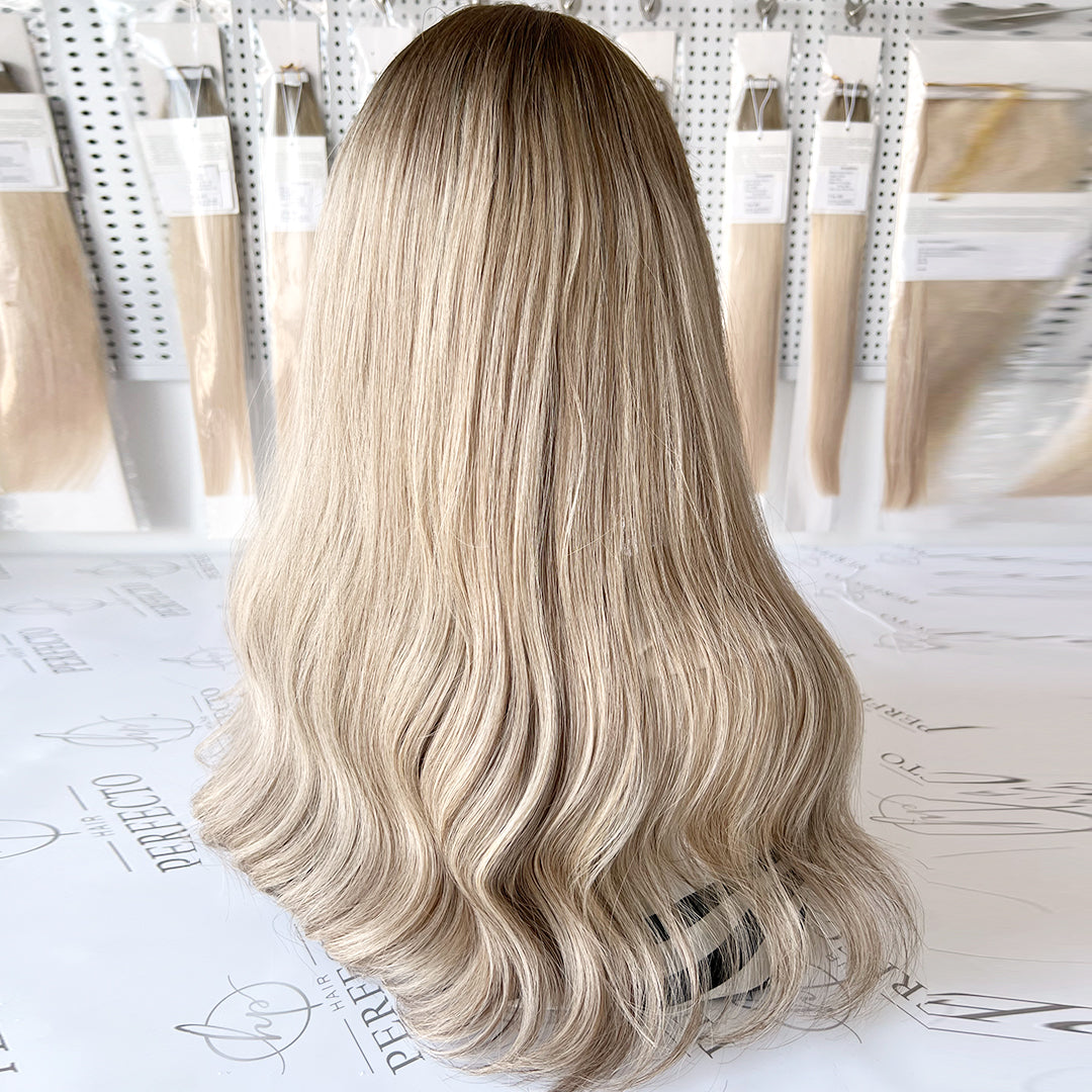 Lace Top Wig Virgin Human Hair Platinum Ash Blonde Wigs With Dark Roots