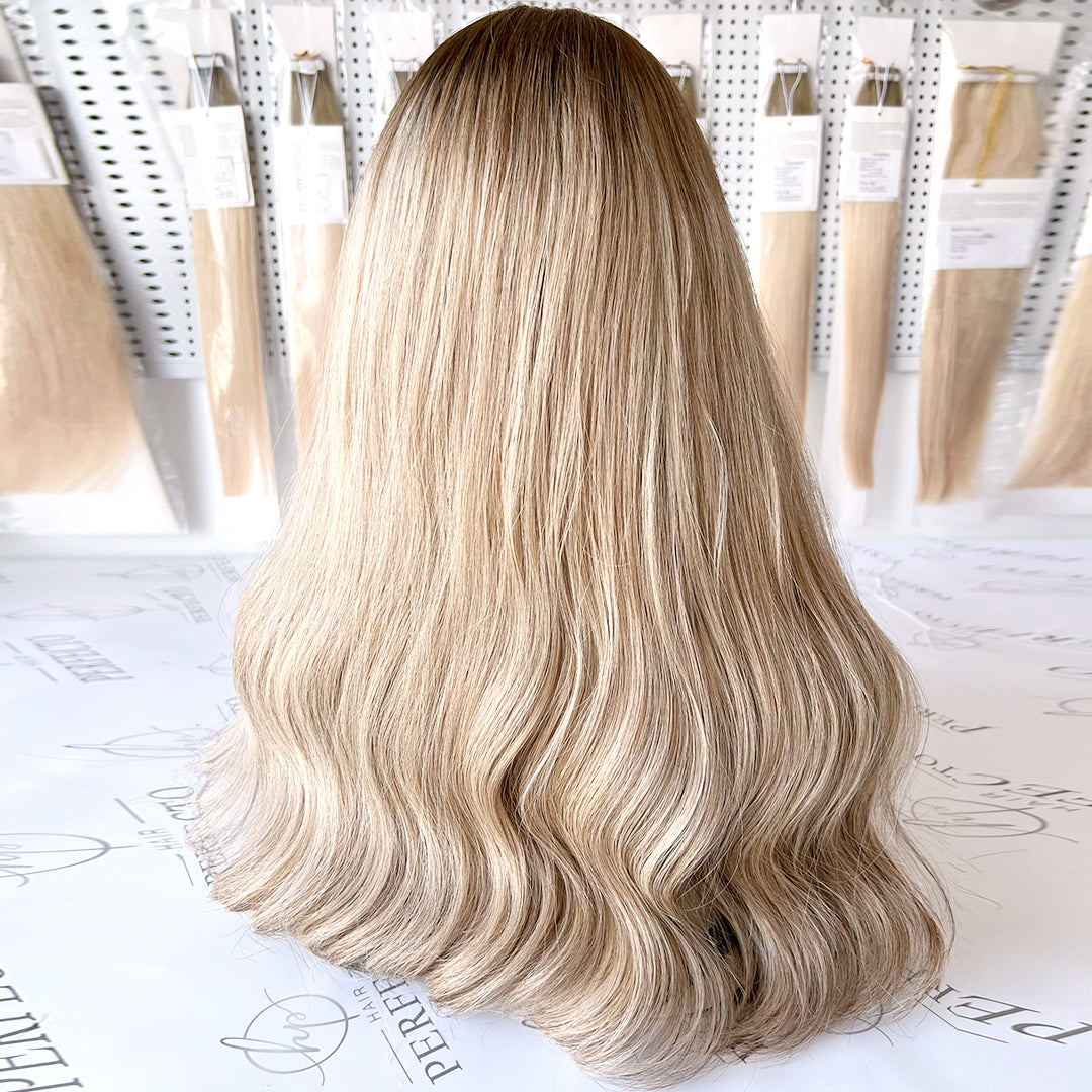 Lace Top Wig Virgin Human Hair Platinum Ash Blonde Wigs With Dark Roots