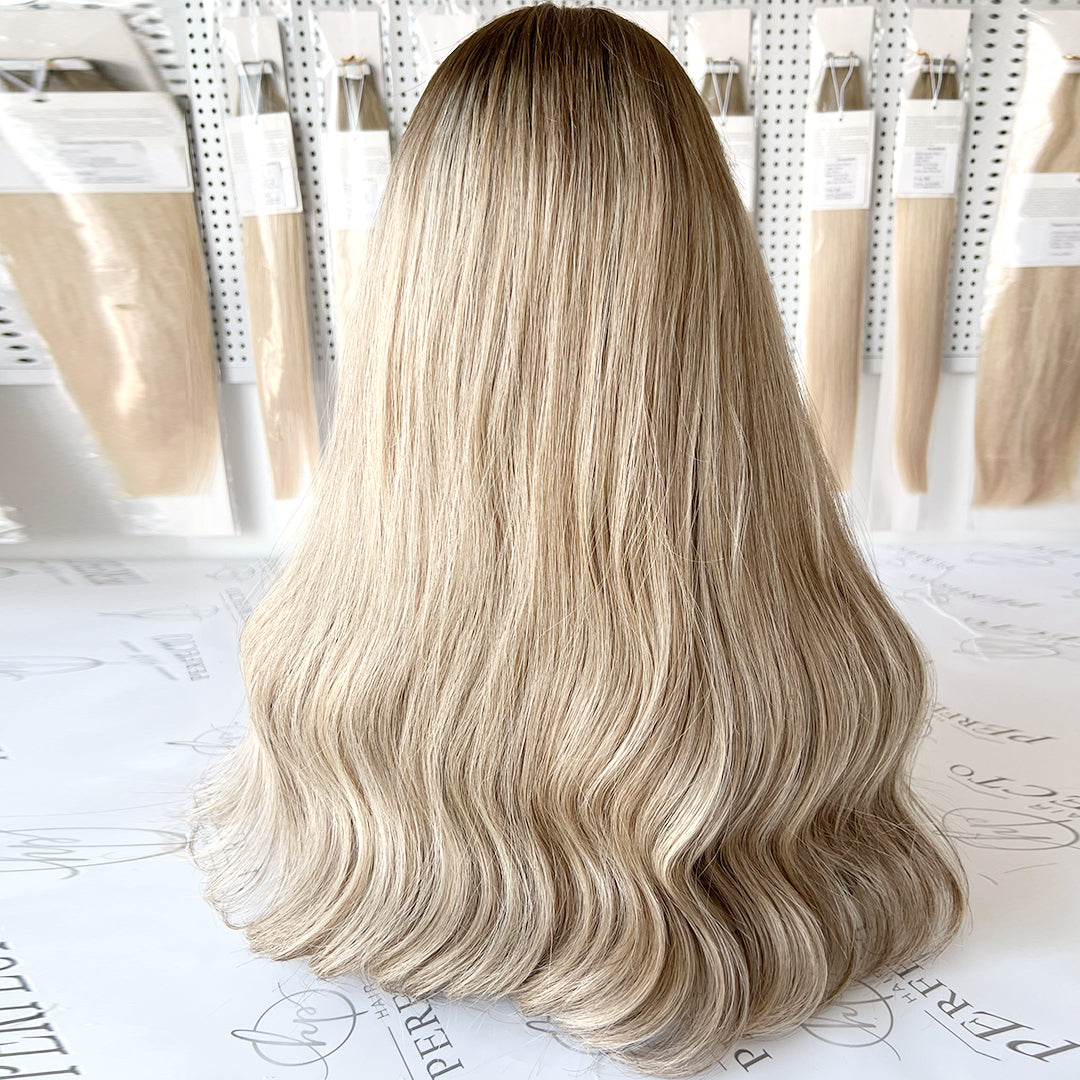 Lace Top Wig Virgin Human Hair Platinum Ash Blonde Wigs With Dark Roots