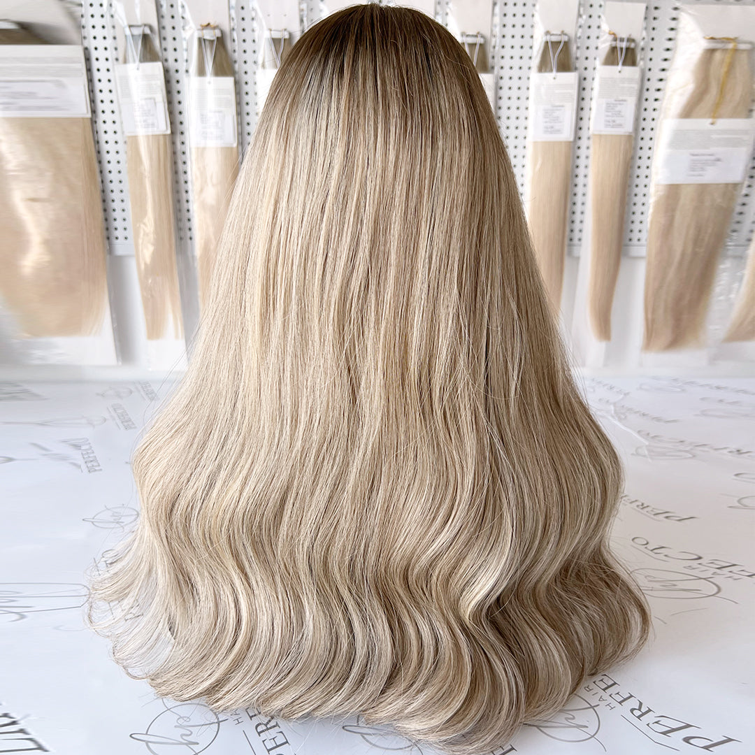 Lace Top Wig Virgin Human Hair Platinum Ash Blonde Wigs With Dark Roots