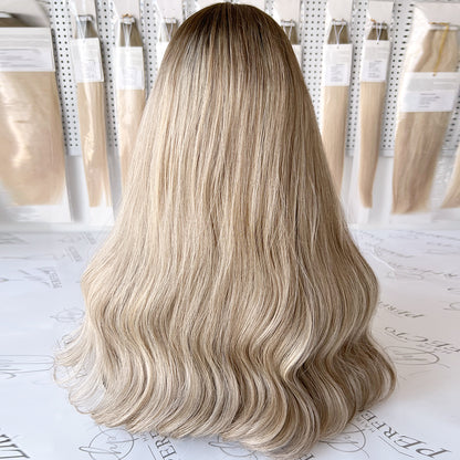 Lace Top Wig Virgin Human Hair Platinum Ash Blonde Wigs With Dark Roots