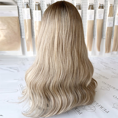 Lace Top Wig Virgin Human Hair Platinum Ash Blonde Wigs With Dark Roots