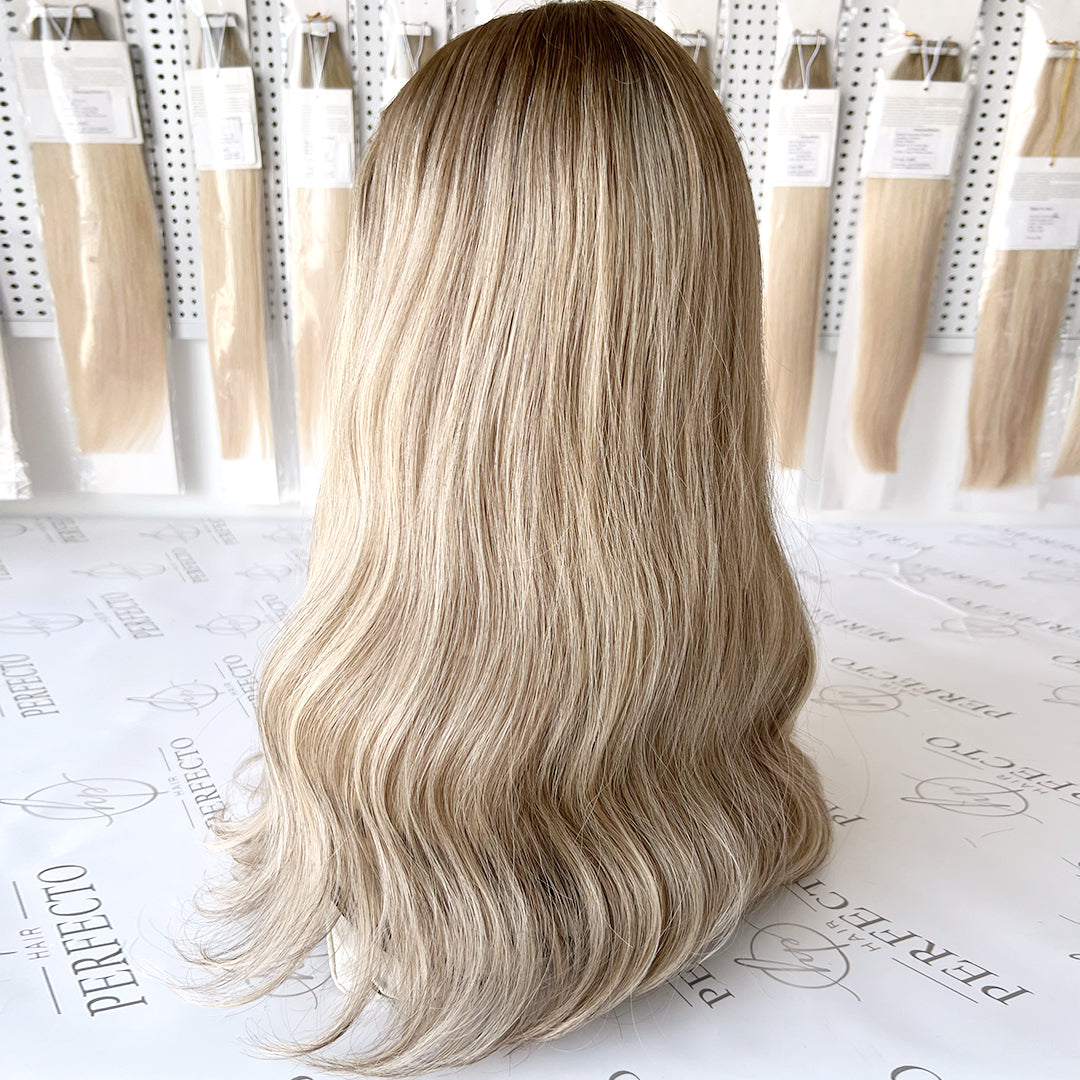 Lace Top Wig Virgin Human Hair Platinum Ash Blonde Wigs With Dark Roots