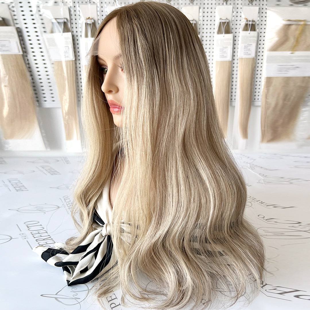 Lace Top Wig Virgin Human Hair Platinum Ash Blonde Wigs With Dark Roots