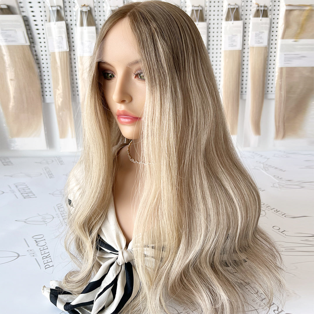 Lace Top Wig Virgin Human Hair Platinum Ash Blonde Wigs With Dark Roots