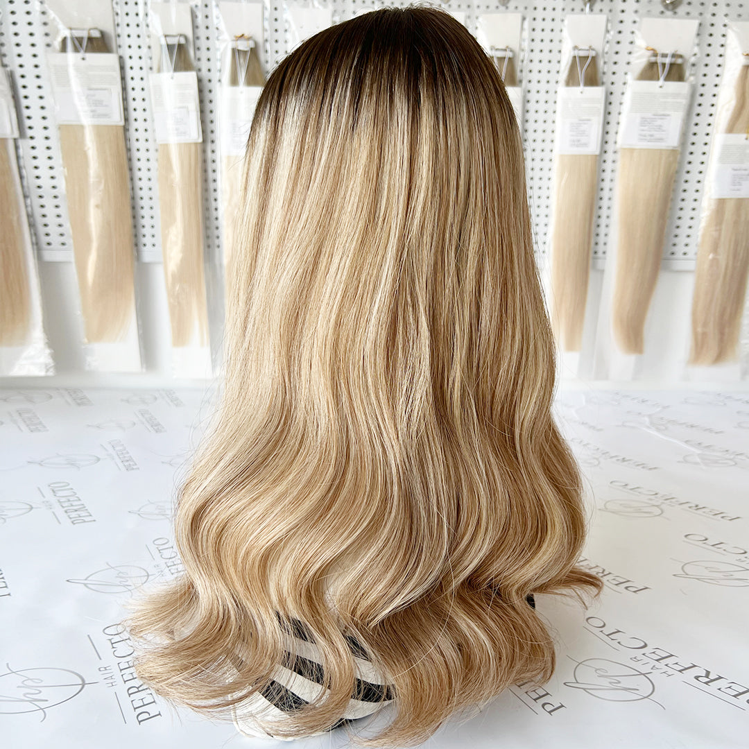 Virgin Human Hair Top Lace Wig Brown Dark Roots Blonde Wigs