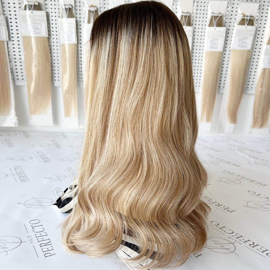 Virgin Human Hair Top Lace Wig Brown Dark Roots Blonde Wigs