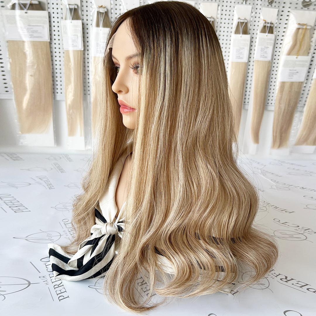 Virgin Human Hair Top Lace Wig Brown Dark Roots Blonde Wigs