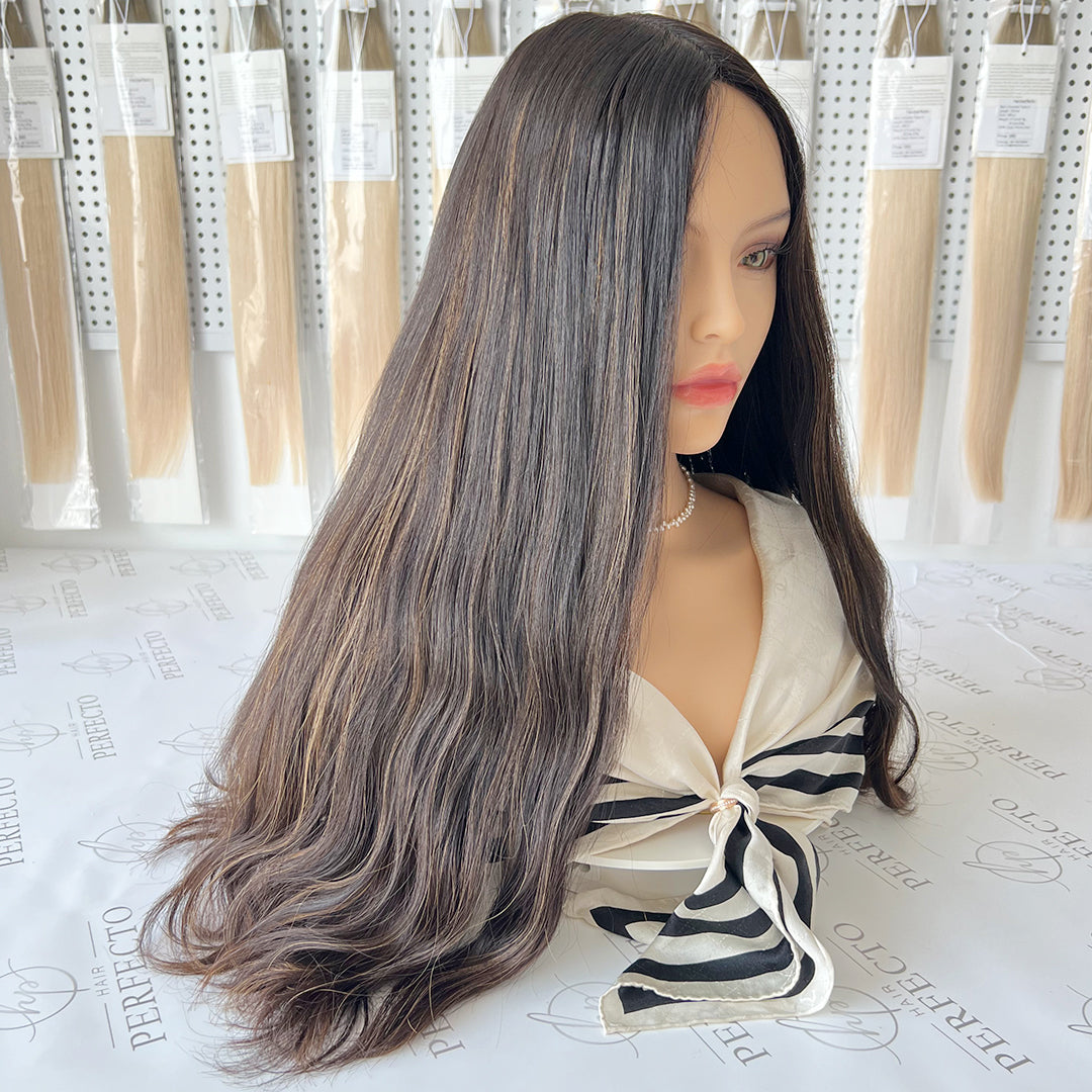 Silk Top Wig 23 Inch Natural Black Virgin Hair with Brown Highlights