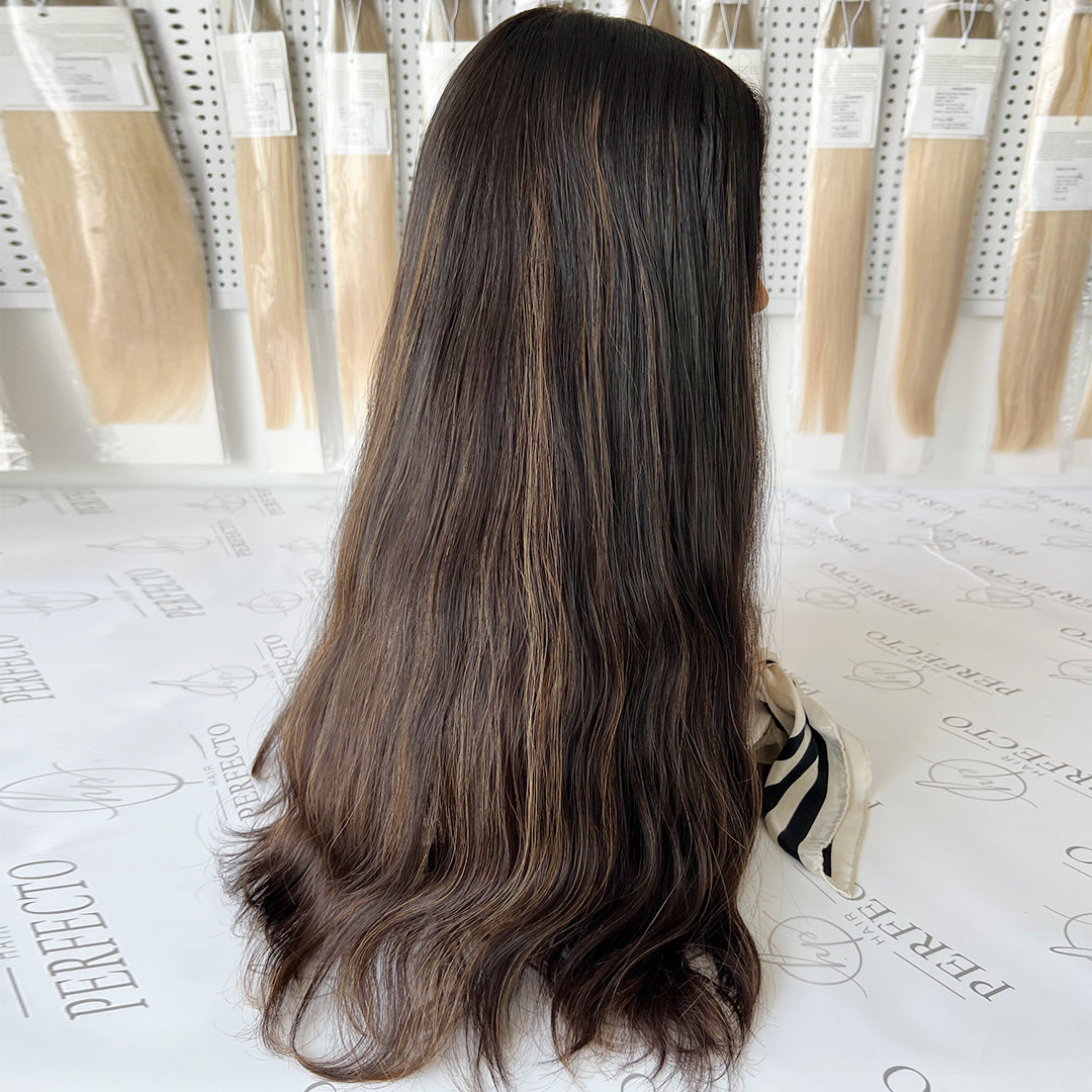 Silk Top Wig 23 Inch Natural Black Virgin Hair with Brown Highlights