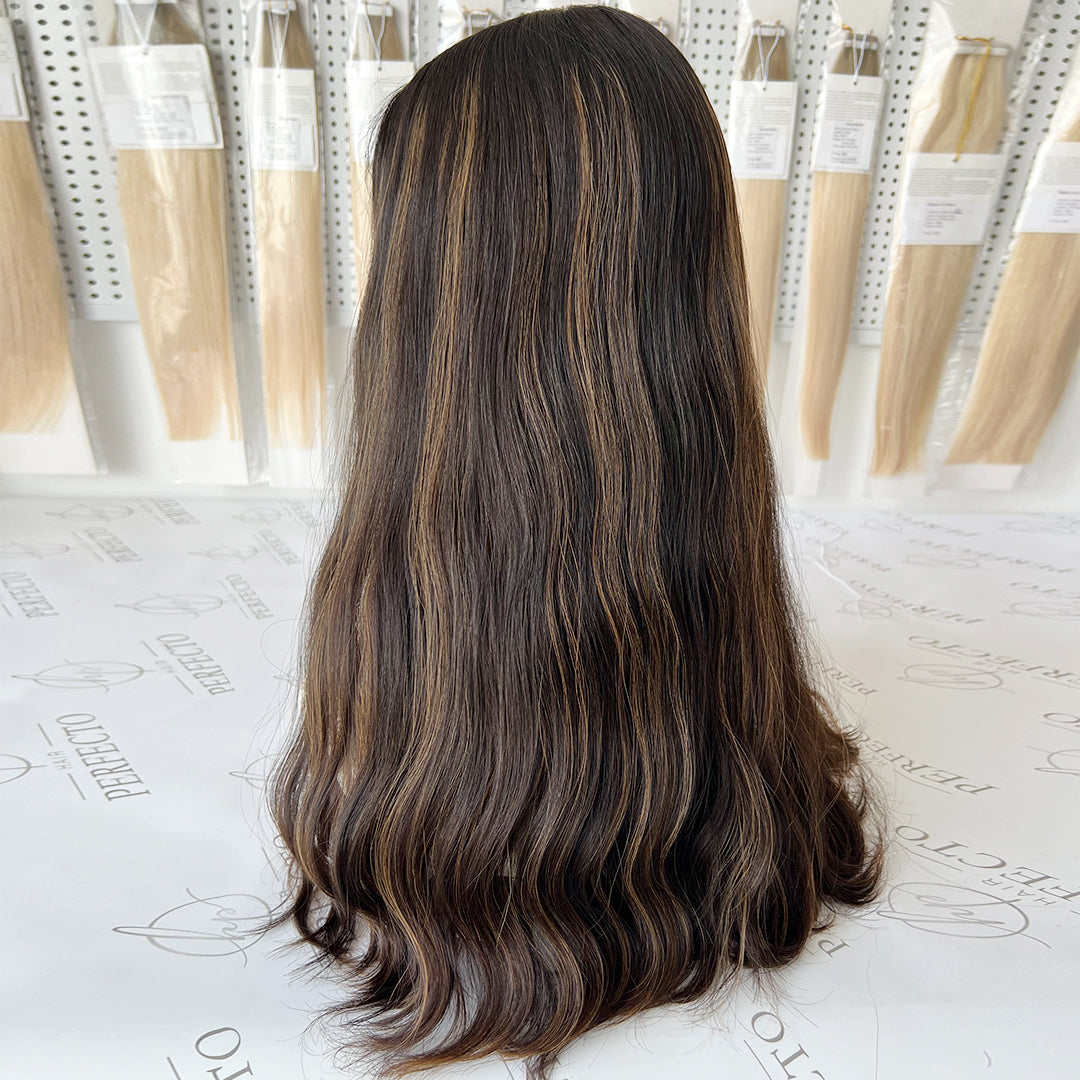 Silk Top Wig 23 Inch Natural Black Virgin Hair with Brown Highlights