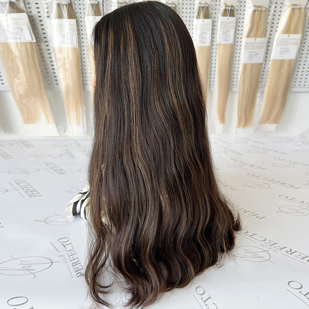 Silk Top Wig 23 Inch Natural Black Virgin Hair with Brown Highlights