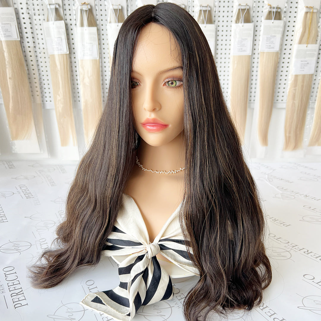 Silk Top Wig 23 Inch Natural Black Virgin Hair with Brown Highlights