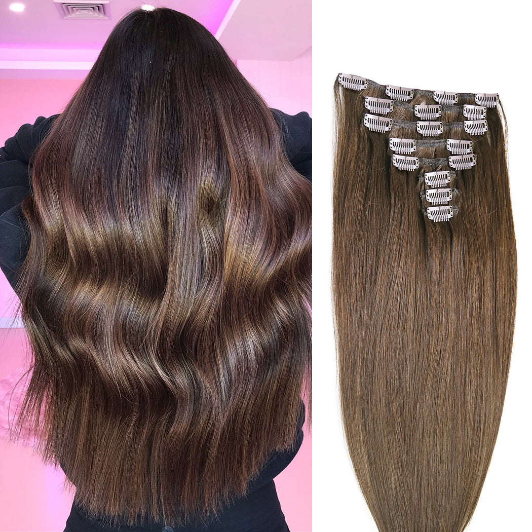 Real hair extensions clip in Dark Brown Clip Ins| Hairperfecto